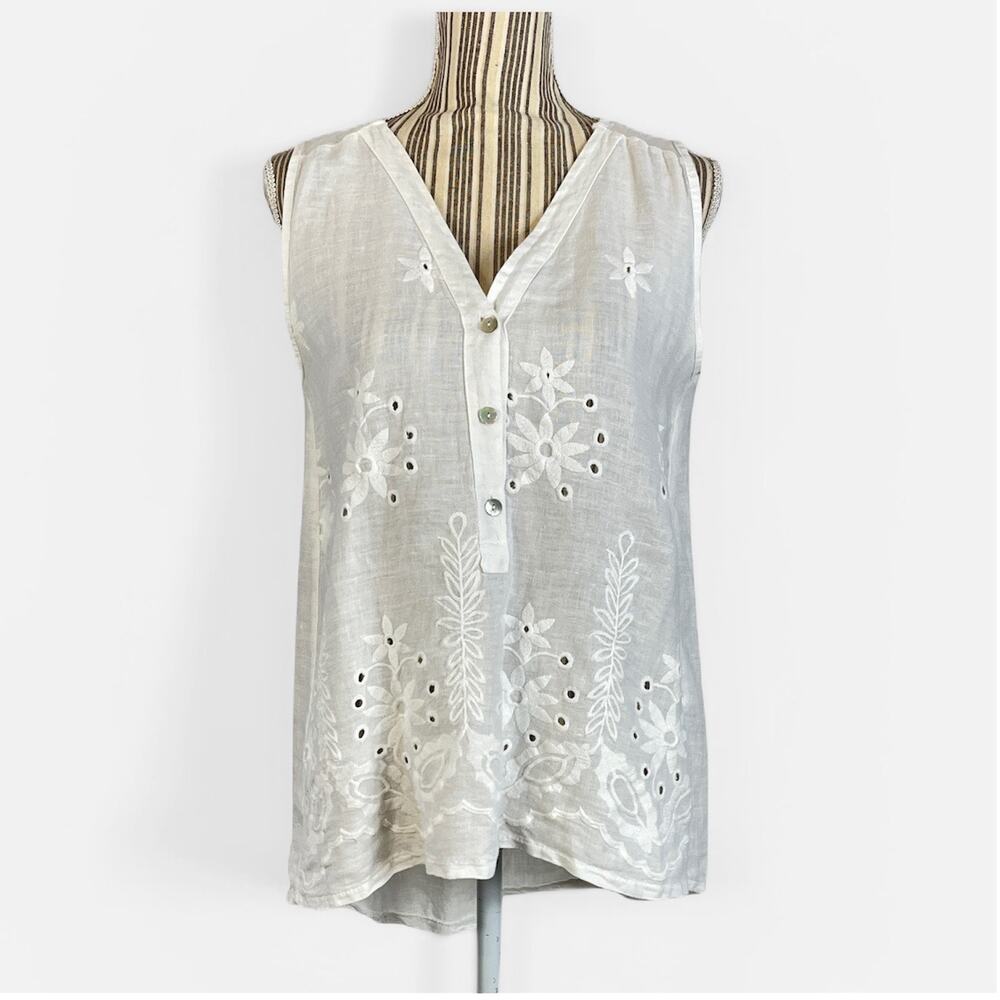 Vanessa Zani White Embroidered Linen Sleeveless Hi Low Top Size Small